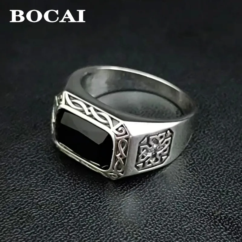 

BOCAI 100% серебряное ювелирное изделие S925, прямоугольное кольцо из натурального черного агата для мужчин, модный стиль панк, изысканный подарок, дропшиппинг