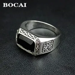 BOCAI 100% S925 Silver Jewelry Natural Black Agate Rectangle Ring For Men Fashionable Punk Style Exquisite Gift Dropshipping