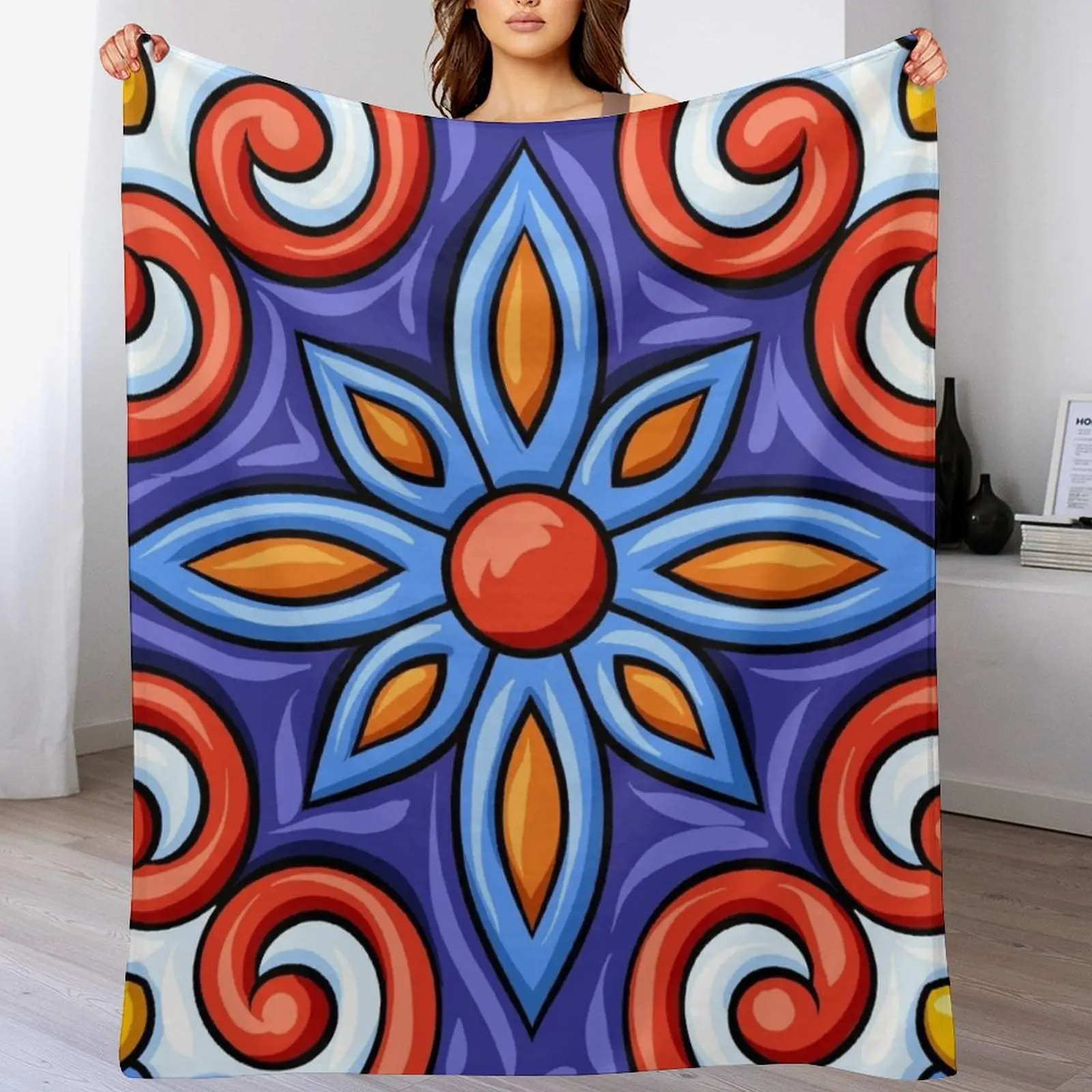 

Latino Talavera Ceramic Tile Pattern Throw Blanket Warm Plush Fuzzy Blanket for Living Room