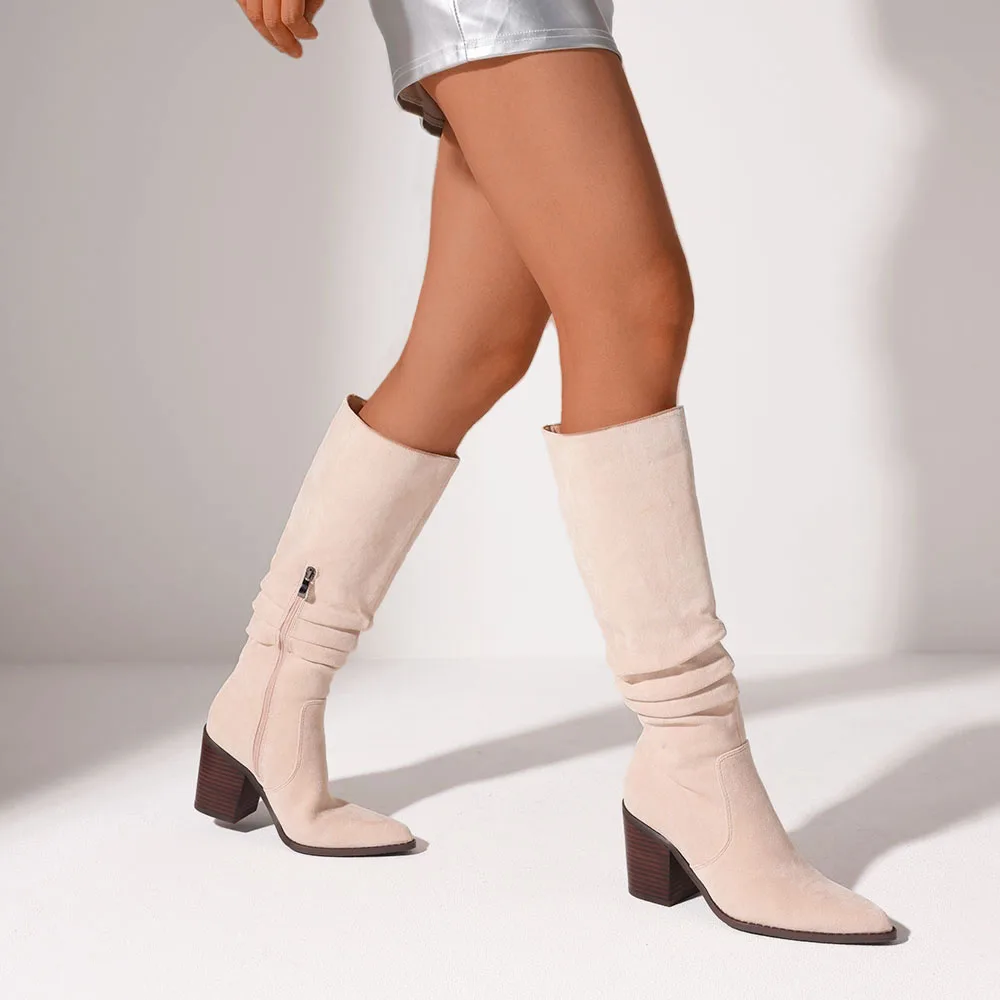 Elegante Damen-Kniehohe Stiefel mit Kunstflock, spitzer Zehenbereich, klobiger, hochhackiger, plissierter seitlicher Reißverschluss, bequem, für den täglichen Gebrauch, lange Stiefeletten