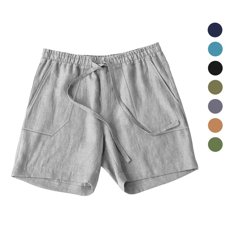 

2025 Summer Cotton Linen Shorts Men Casual Drawstring Elastic Waist Solid Beach Short Trousers Comfort Breath Sports Home Shorts