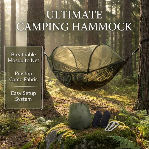 Imagen 2 del producto Hamaca de camping 2 en 1 con mosquitera, cama colgante ultraligera de nailon de paracaídas de 1,6 libras para supervivencia al aire libre, viajes y patio trasero