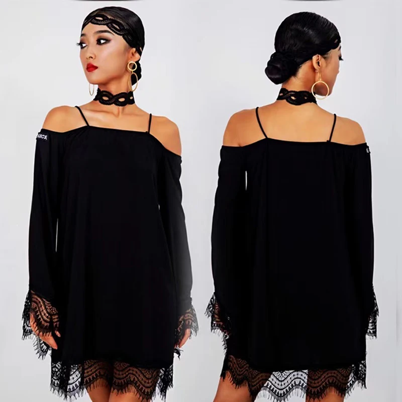 2022 New Latin Dance Dress Women Black Lace Loose Practice Dress Adult Rumba Salsa Dance Costume Long SLeeves Dress DNV17031
