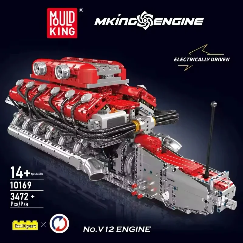 MOULD KING Technical Electrically V12 Engine MOC 10169 Racing Car Dynamic Building Block Brick Assembly Toys Kids Christmas Gift