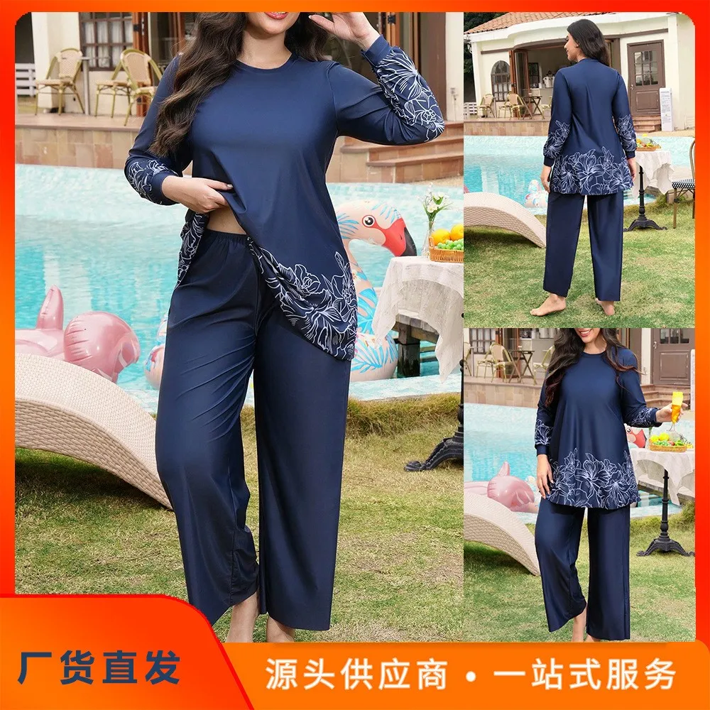 Muslim Burkini Swimwear Women Long Sleeve Floral Print Two Piece Swimsuit Full Coverage Modest Islamic Plus Size Bathing Suit