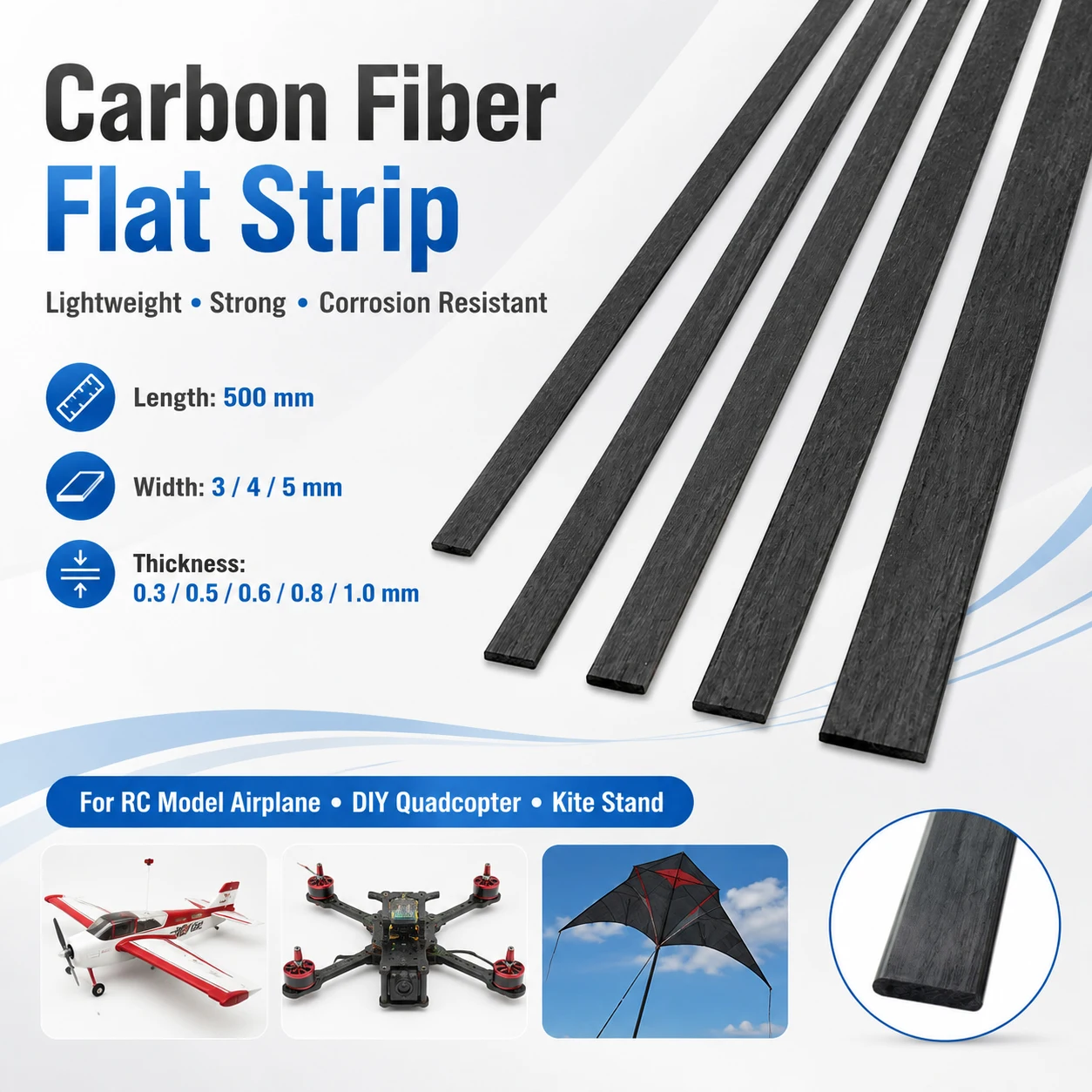 5-25Pcs 500mm Pultruded Carbon Fiber Flat Strip, 0.3-1mm Thick Solids Bar for Model Airplane, DIY Quadcopter, Drone Frame