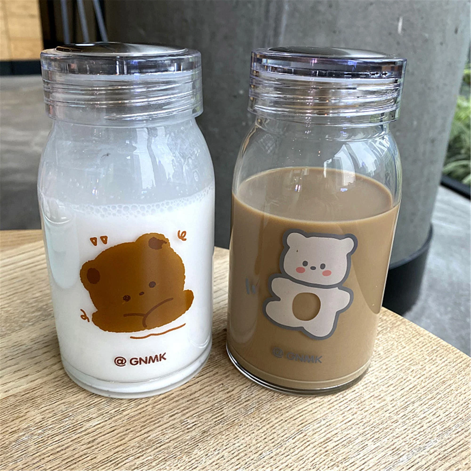 Cute Bear Glass Water Bottle With Lid Clear Printing Water Bottle Portable Cartoon Aesthetic Travel Water Bottle 500ML Couple