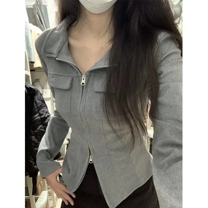 Gray Double Zipper Lapel Long Sleeves Shirt Women Spring and Autumn Design Sense  Slim Fit Slimming Inner Wear Bottoming...