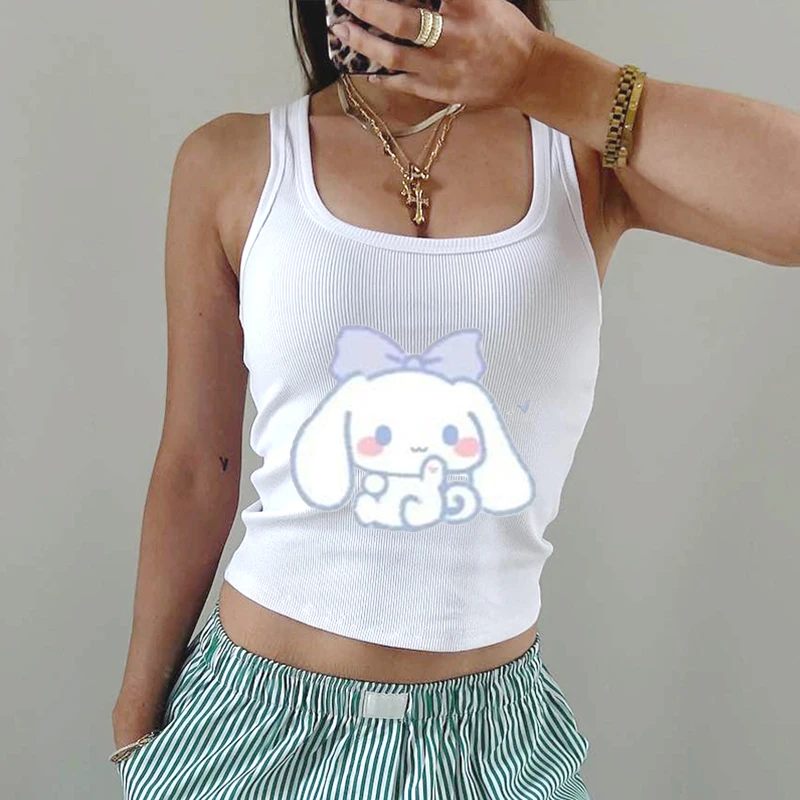 Summer New Y2k Cinnamoroll Vest T-shirt Women's Cartoon Sleeveless Casual T-shirt Sanrio Clothing Tank Top 