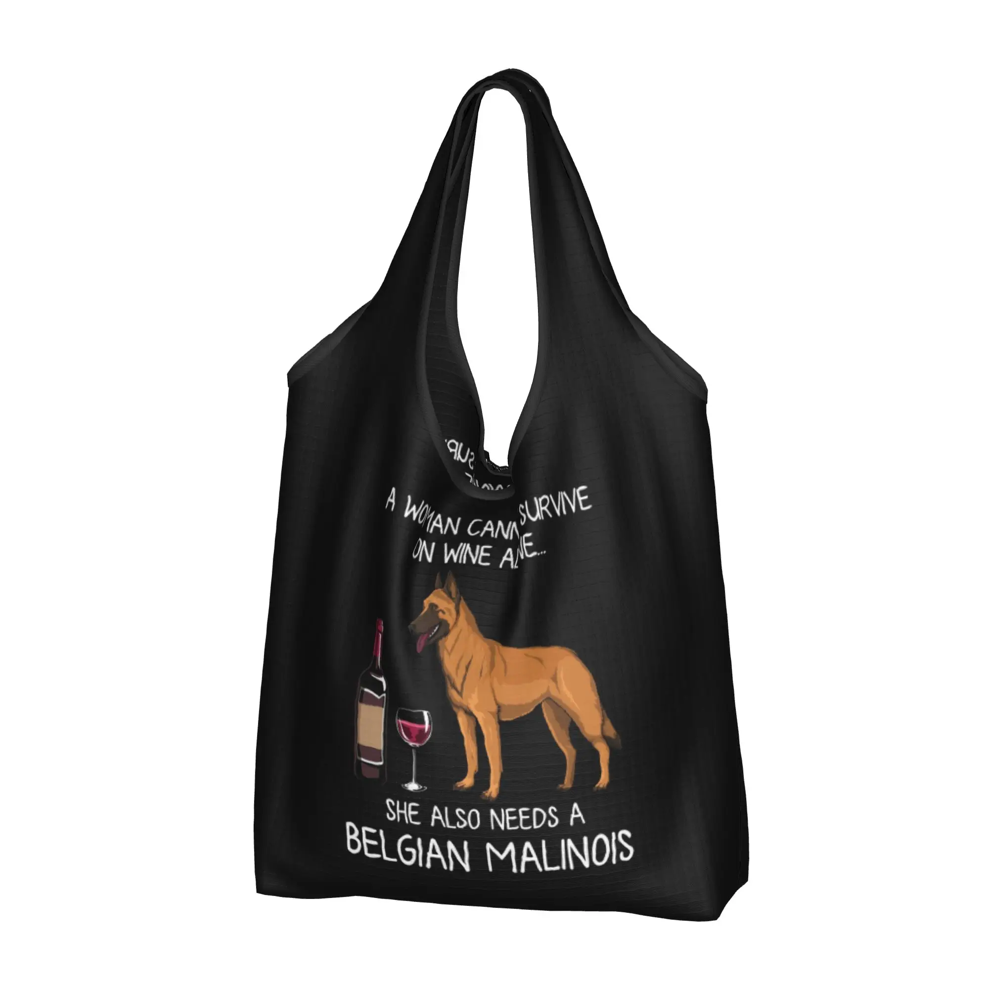 Cute Belgian Malinois And Wine Funny Dog Shopping Tote Bags Portable Shepherd Animal Puppy Groceries Shoulder Shopper Bag