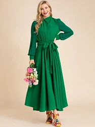 LD LINDA DELLA Summer Fashion Designer Solid Green Dresses Women's Long Sleeve Belted Loose Draped Chiffon Elegant Long Dress