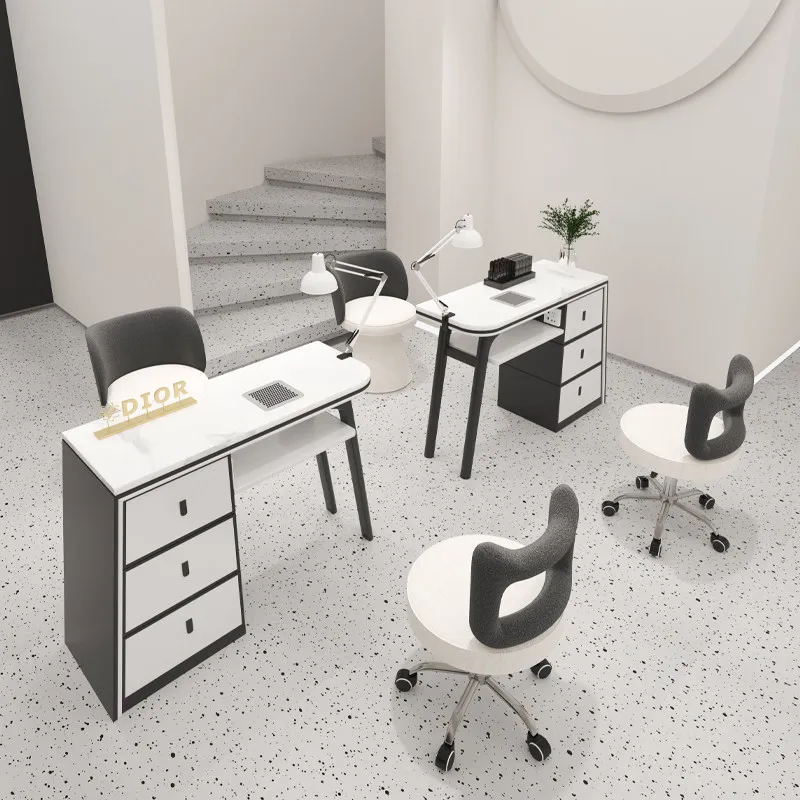 High End Cream Style Nail Art Table and Chair Set with Marble Tabletop and Built-in Vacuum Cleaner for Nail Repair view 3