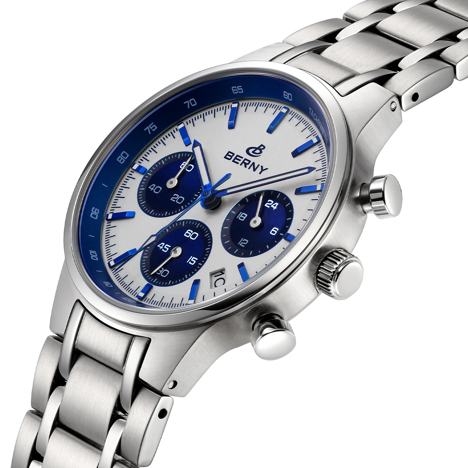 Relojes BERNY con cronógrafo para hombre, relojes de pulsera de cuarzo, zafiro, acero inoxidable, resistente al agua, relojes con esfera de Panda a la moda para hombre