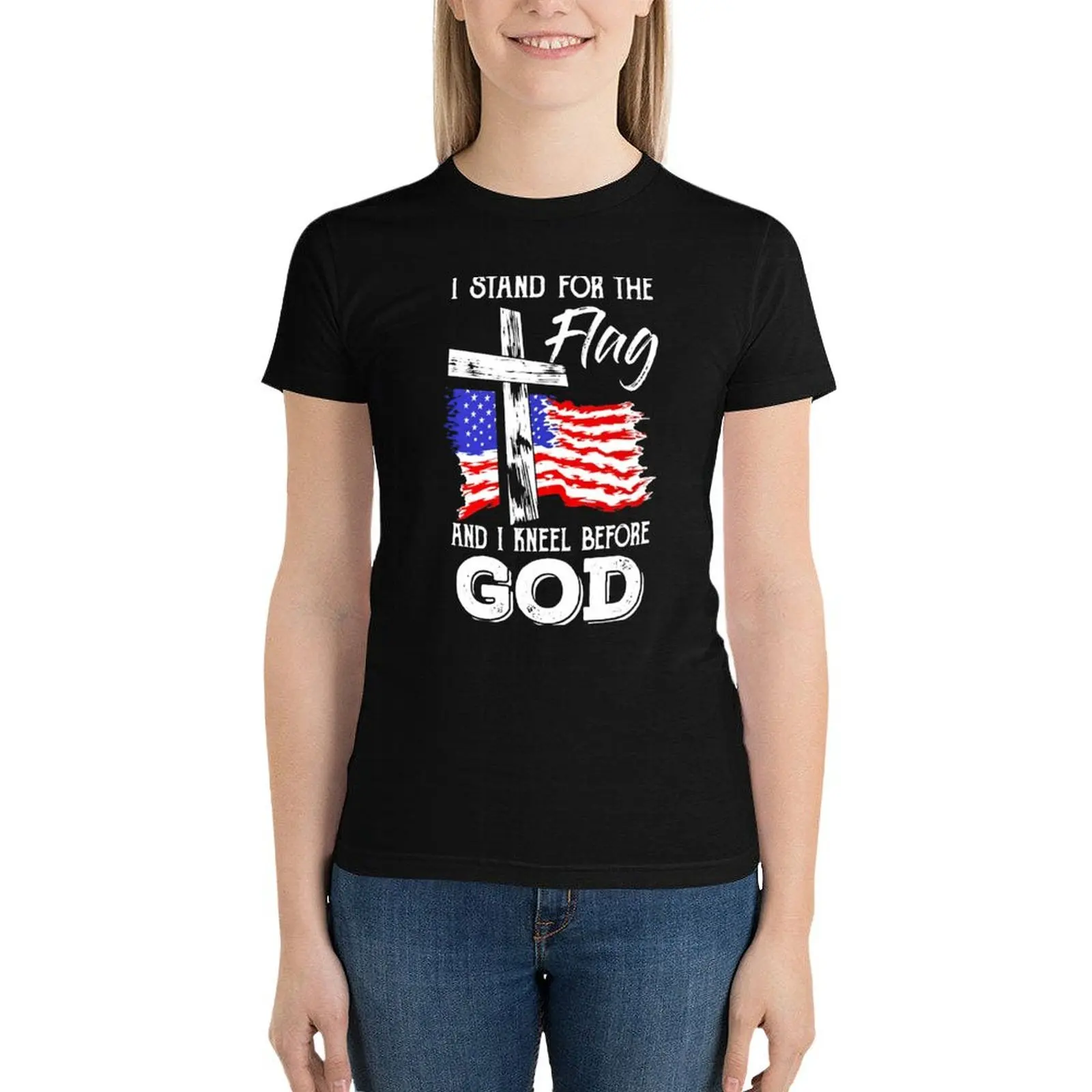 I Stand For The Flag And I Kneel Before God American Flag Cross Christian T-Shirt customizeds sublime Woman clothing