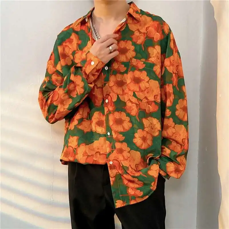 Men's Flower Printing Long Sleeve Casual Shirts Harajuku Shirt Vacation Men Blouse Drop Shoulder Vintage Clothes Streetwear