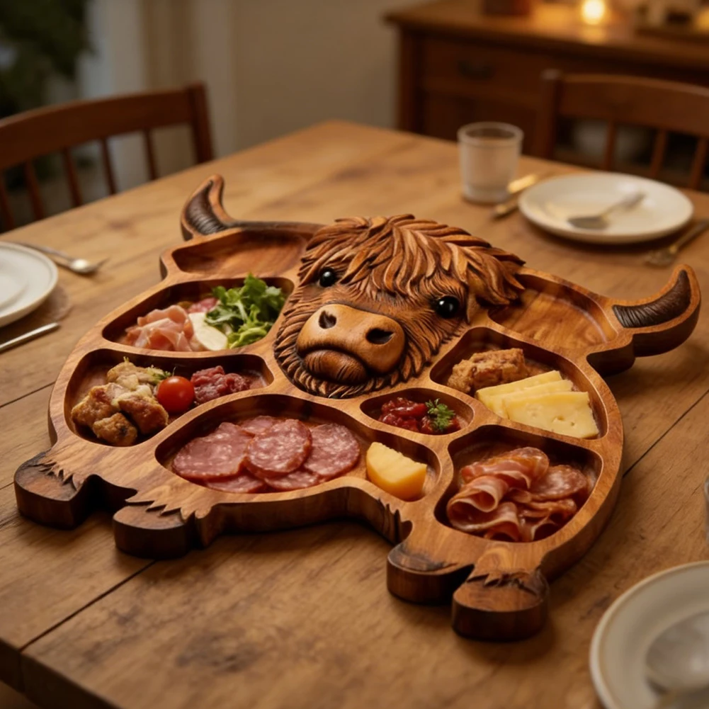 Highland-Cow Wooden Charcuterie Board Rustic Farmhouse Cheese Board With Handle Outdoor Picnic Readys Festive Holiday Gatherings