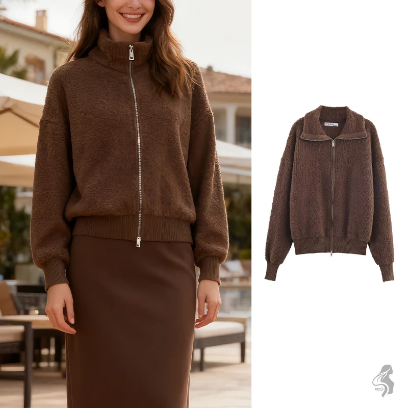 

Womens Circle Pilot Jacket Notched Collar Zipper Soft Texture Versatile Classic Pilot Jacket For Commuting And Casual Wear