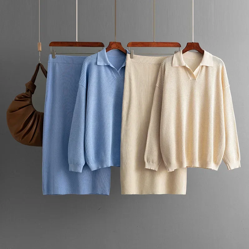 

Women's Knitted Two Piece Set Lace-up Long Skirt and Top Office Work Wear Autumn Outfit