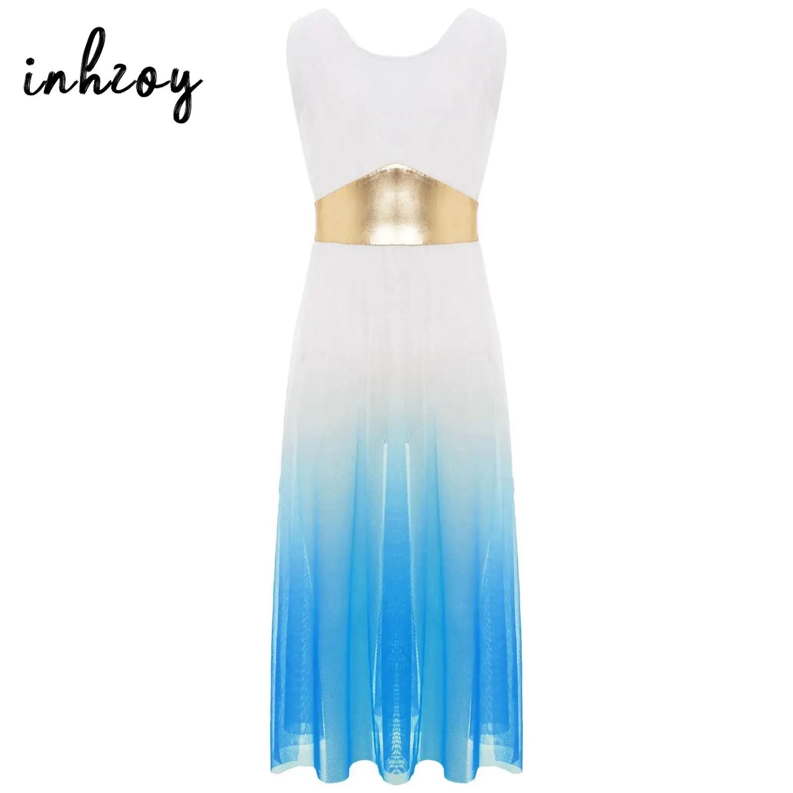 

Girls Greek Toga Costume Gold Waist Gradient Sleeveless Dress Lyrical Dance Halloween Party School Show Performance Outfit