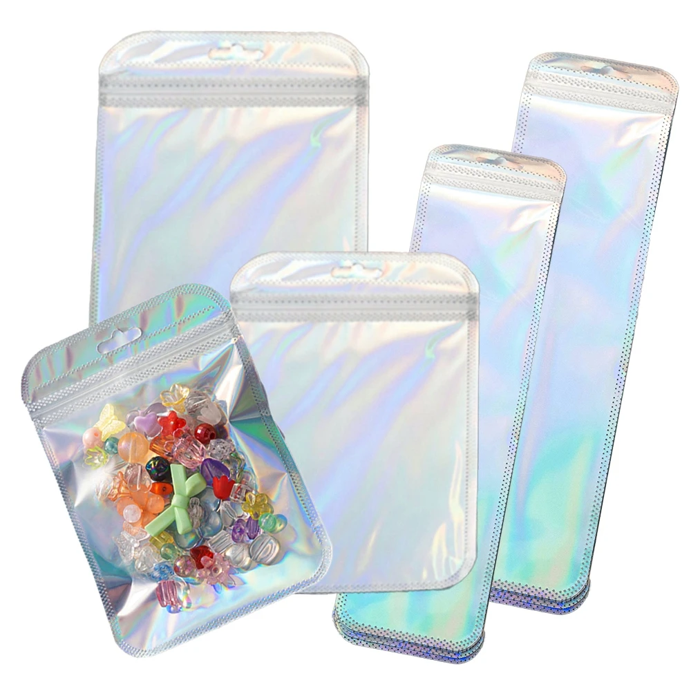 50pcs/lot Blue Laser Ziplock Bags Reusable Plastic Transparent Bags for Jewelry Packaging Cosmetic Retail Display Packaging