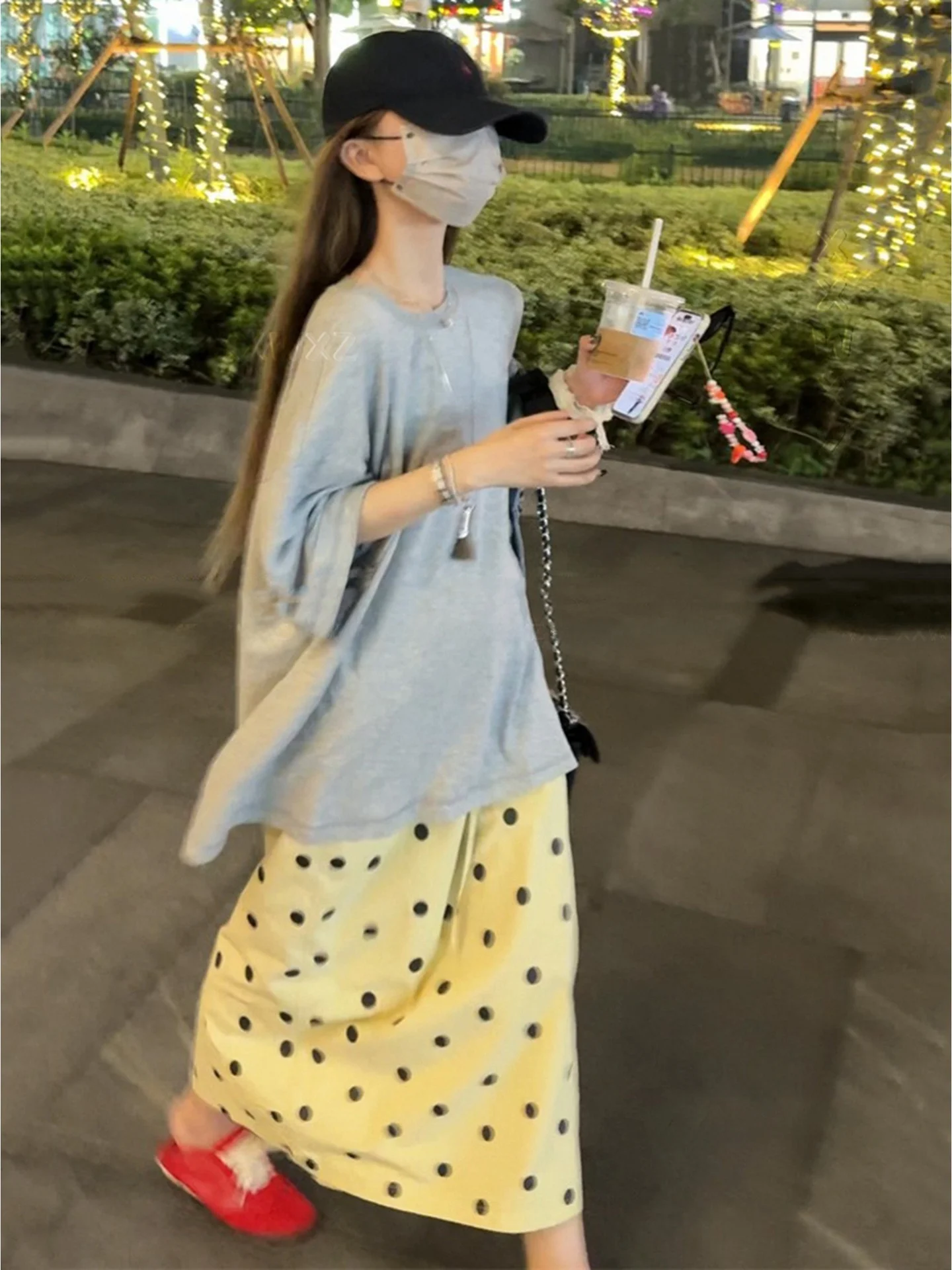 

plus Size Summer Polka Dot Print Elastic Drawstring Asymmetrical Skirt Women's Korean Style High Waist Long A-Line Skirt