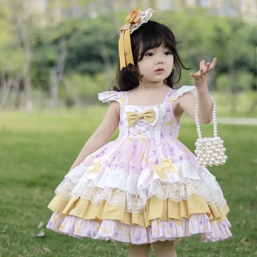 New Girl Lolita Dress Summer Sling Lace Patchwork Bow Print Dress Kids Party Princess Dress Children Baby Spanish Dress Wz1172