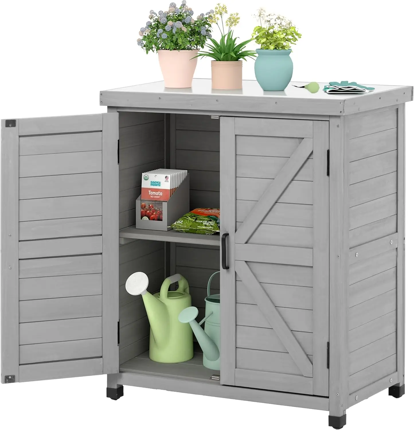 

Outdoor Storage Cabinet & Potting Bench Table with Metal Top, Wooden Patio Furniture, Garden