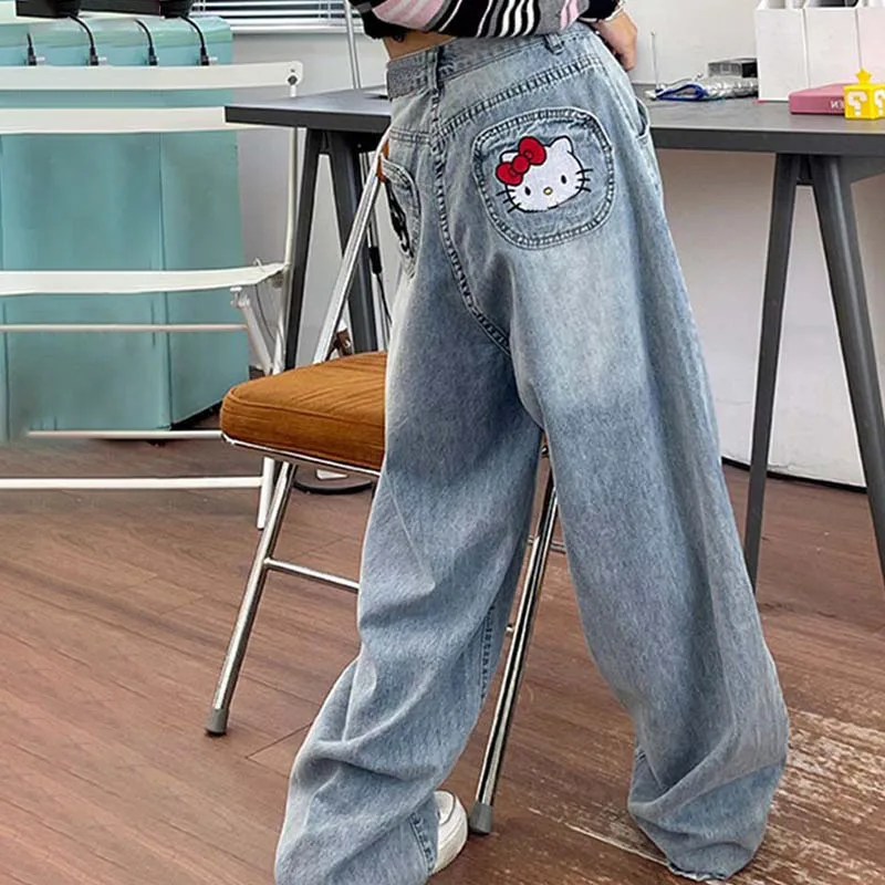 Jean Harajuku Sanrios Y2K Hello Kitty tendance Anime Kawaii Kt pantalon à jambes larges ample pour femmes pantalon rue étudiant décontracté mode