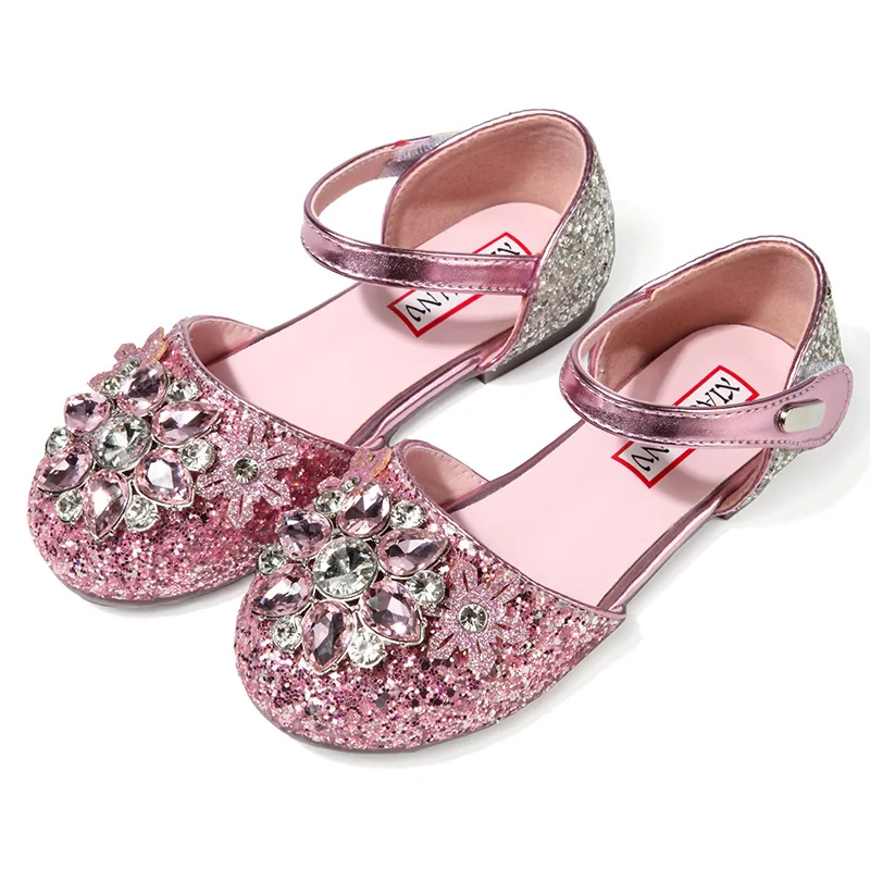 2023 Girl's Mary Janes Children Princess Glitter Shoes Fashion Versatile Wedding Luxury Soft Kids Rhinestone Dress Flat Sandals