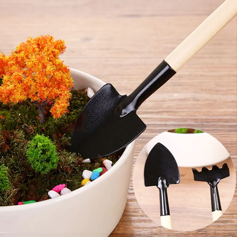 3Pcs Punho De Madeira Ferro Jardim Pá Rake Pá para Flores Vasos de Plantas Bonsai Mini Conjunto de Ferramentas de Jardinagem Cavando Capina