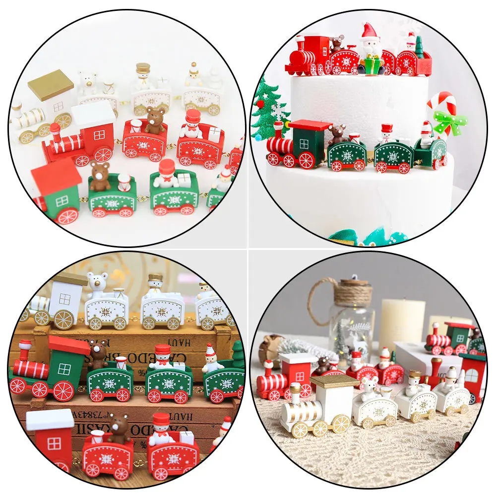 

2pcs Wooden Christmas Train Small Train Decoration Cognitive Festive Home Decor Xmas Ornament Desktop Craft