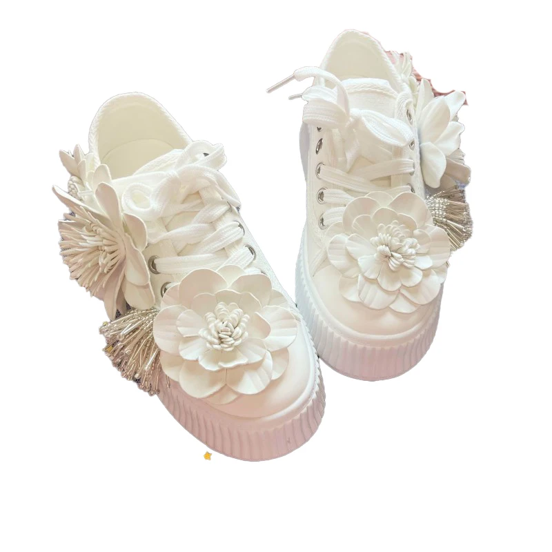 Girls Sneakers 4cm Platform Spring summer New White Rhinestone Flower Wheel Canvas Shoes Travel Wedding Bride Shoe Comfortable