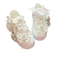 Girls Sneakers 4cm Platform Spring summer New White Rhinestone Flower Wheel Canvas Shoes Travel Wedding Bride Shoe Comfortable