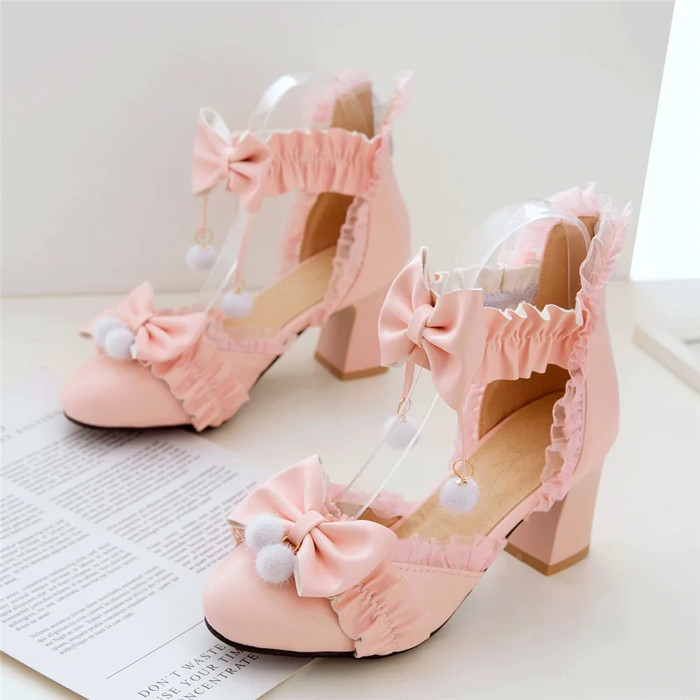 Spring Lace Ankle Strap Women High Heels Mary Jane Pumps Party Wedding Cosplay White Pink Hairball Bow Princess Lolita Shoes