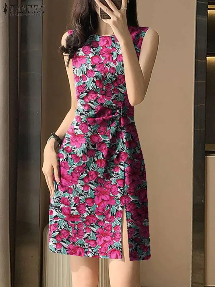 

ZANZEA Summer Vintage Waist Dresses Elegant Sleeveless Mini Dress Women Fashion Floral Print Tank Robes Office Slit Hem Vestidos