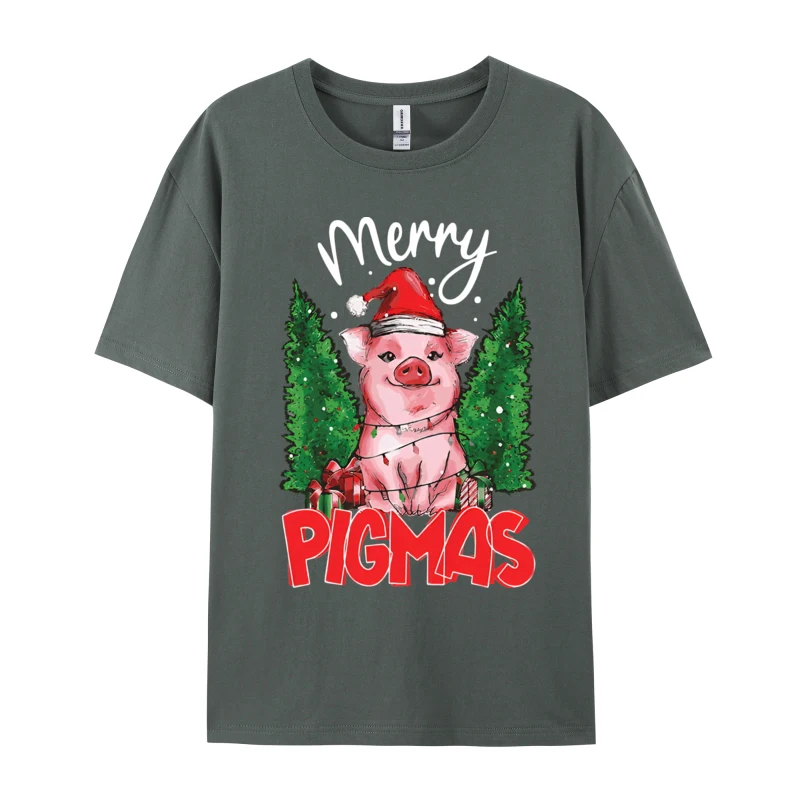 Pig Christmas Merry Pigmas Xmas Light T-shirt Tee Top Camisas Men Round Neck Cotton Tshirt Designer Shirt T-Shirt