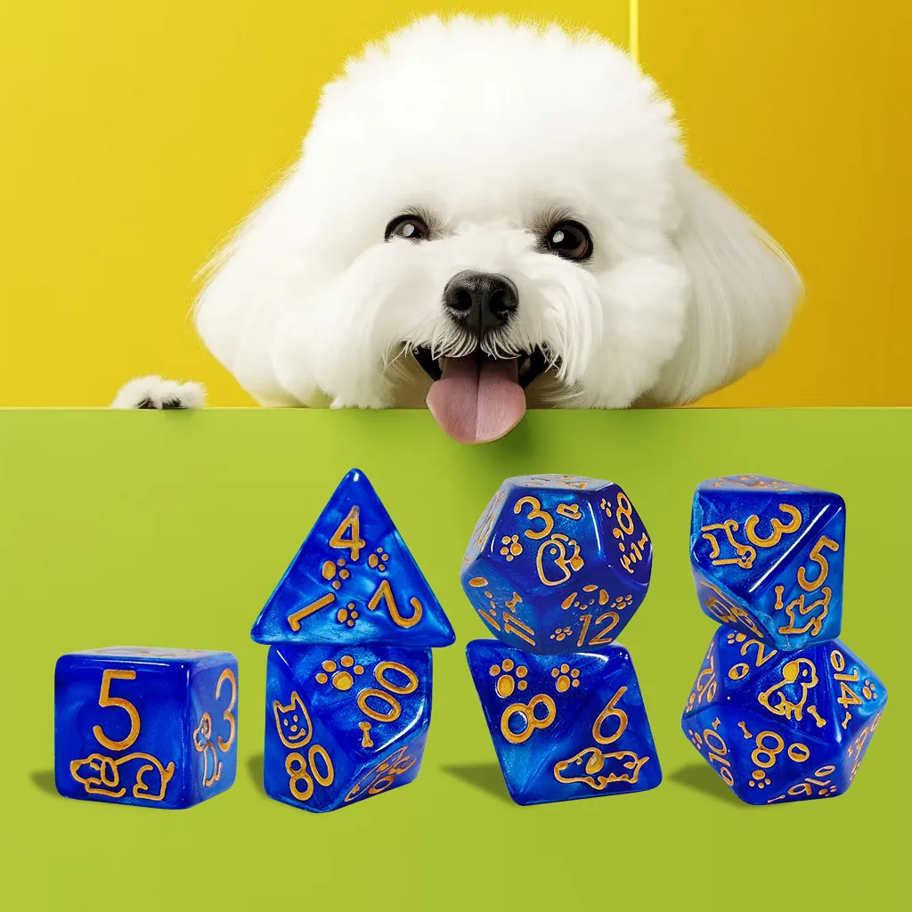 Sapphire Pearl Acrylic Dice Set,7Pcs Polyhedral DND RPG Dice with Gold Puppy Paw & Bone Carving for Dungeons & Dragons,TRPG
