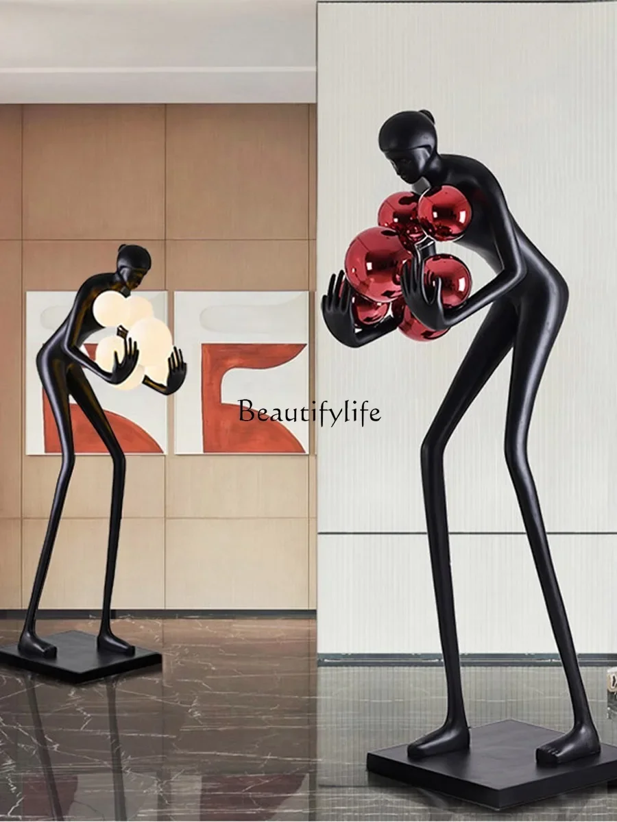 Creative humanoid sculpture Floor-to-ceiling luminous object Holding ball Large figure FRP ornament