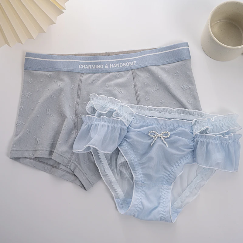 Sexy Male Female Pure Cotton Couple Set  Couple Pure Desire Panties Blue Love Lolita Underwear One Men And One Women view 5