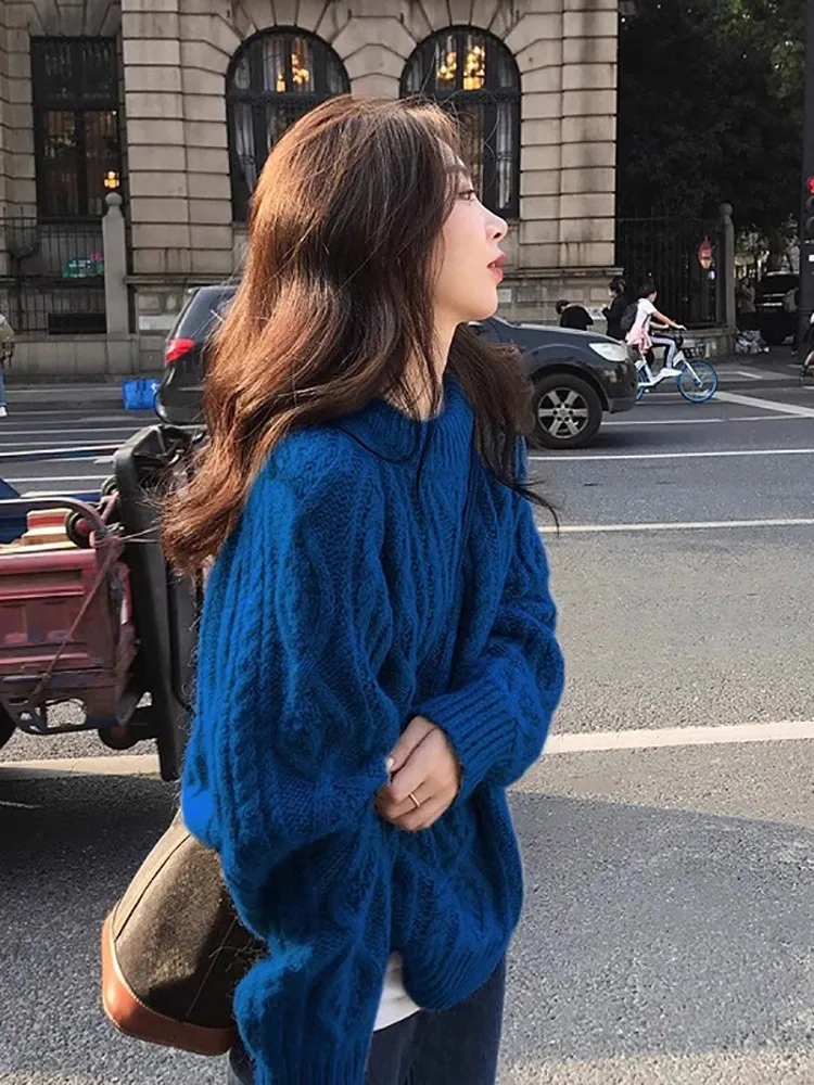 

Knitted Sweater Women Sweet Fashion Blue Retro High Street Leisure Thick Loose Versatile Long Sleeve Knitwear Autumn Winter