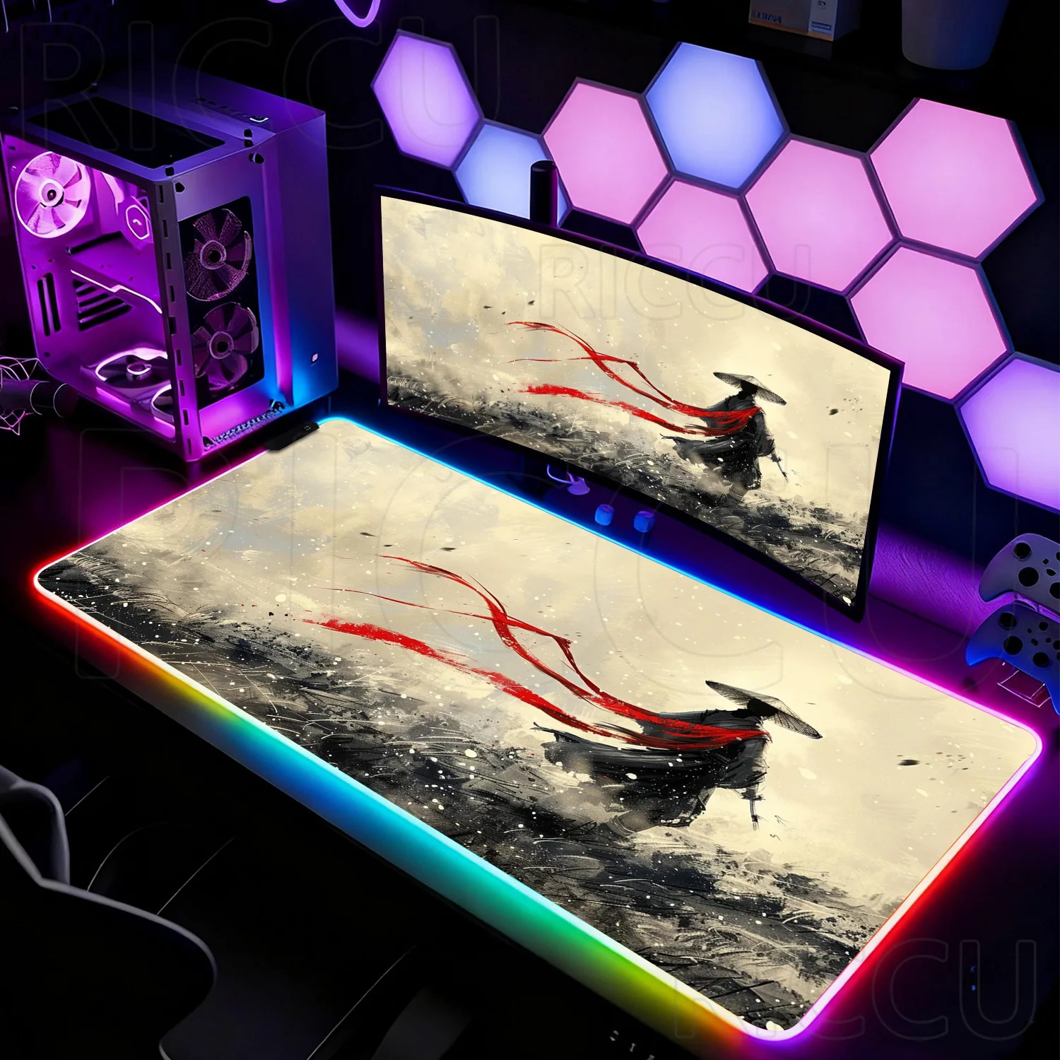 RGB اليابان الساموراي المحارب الحارس كبير تمديد الألعاب ماوس الوسادة 900X400 مللي متر حصيرة مكتبية مكتب ألعاب عدم الانزلاق LED اكسسوارات الحصير #3