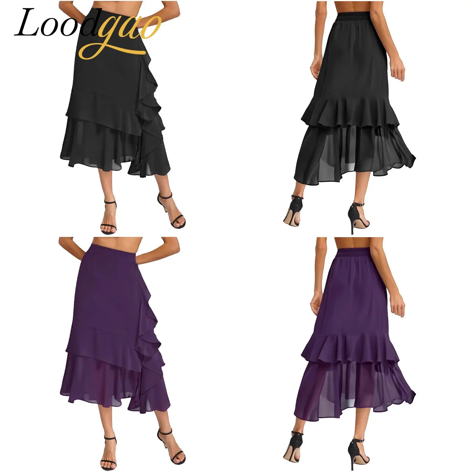 

2025 Fashion Women Chiffon Irregular Hem Ruffled Skirt Fishtail Midi Skirt Commute Party Elegant Office Lady High Waist Skirts