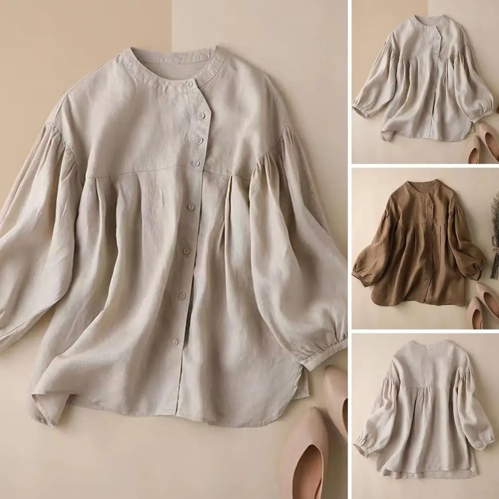 

Women Tops Blouses Spring Retro Casual Shirt O-neck Lantern Long Sleeve Single Breasted Shirt Top Splicing Design Loose Fit Tops