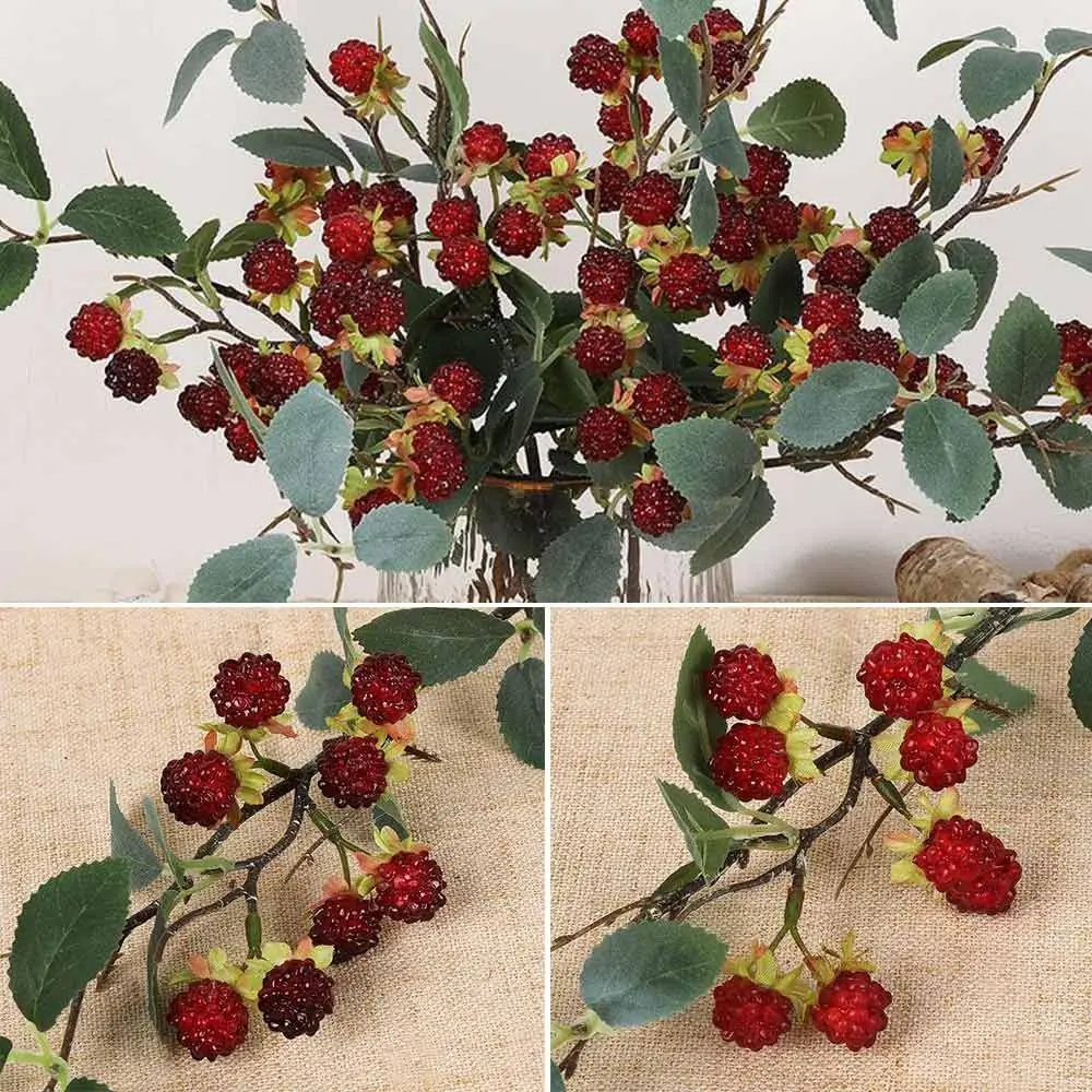 Elegante Rote Himbeer-Kunstpflanze mit Grünen Blättern, Fotorequisiten, Simulierte Beerenzweige, Künstliche Früchte für Partys