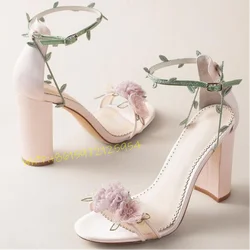 Sandali con tacco spesso con fiori viola donna elegante decorazione con foglia verde da sposa sandali adorabili scarpe da sera per feste con abiti estivi femminili