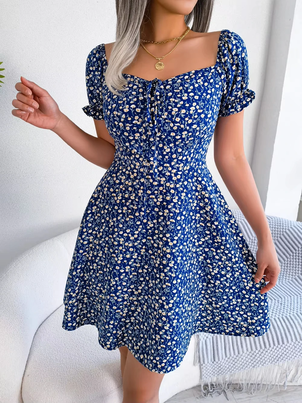 Spring Summer Square Collar Floral Ruffles Mini Dress Women Casual Flare Sleeves Drawstring Lace up Print A Line Dress 2025