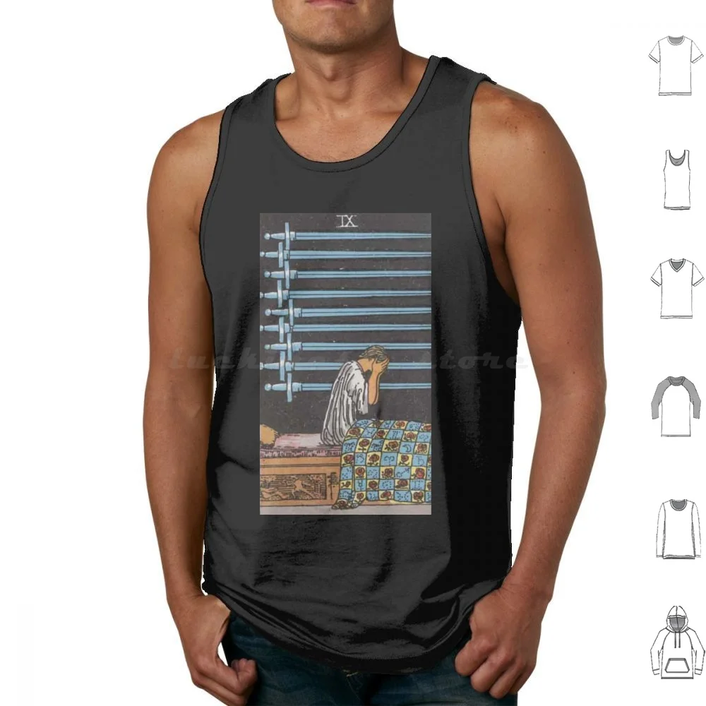 Tarot Rider-Waite, camisetas sin mangas de nueve espadas, algodón estampado, nueve 9 espadas, espada, nueve espadas, Tarot