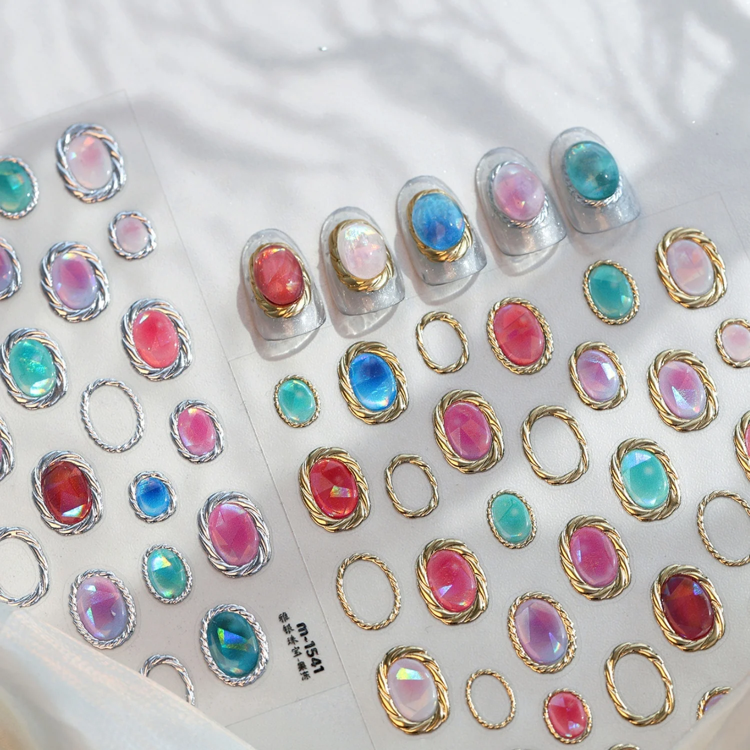 Vintage Palace Nail Decal Oval Imitation Cat Eye Gem Jewelry Hollow Metal Ring Frame 5D Self‑Adhesive Nail Art Sticker Manicure