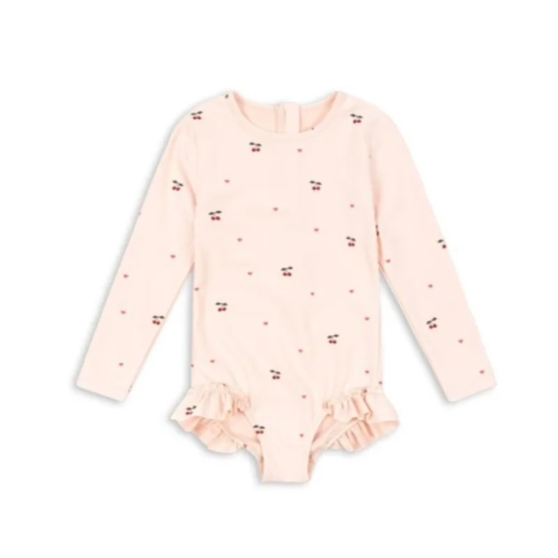 Girls Swimwears Cherry Heart  Long Sleeved Swimsuit Two-pieces Girl Cute Bikini Set  Kids Beach Swimwear Bikinis Baby Swimsuits