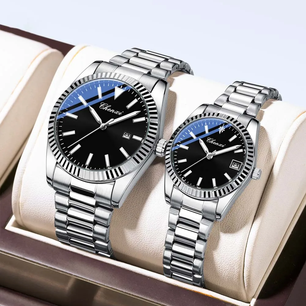 

CHENXI часы для пар, мужские кварцевые часы с датой, ремешок из нержавеющей стали, водостойкий деловой повседневный стиль, идеальный подарок для пары
